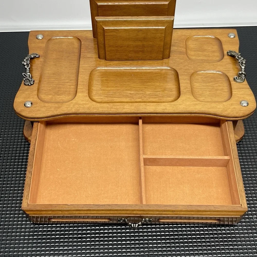 Vintage Men's Wooden Dresser Valet Organizer Jewelry Caddy Letter Wallet Holder